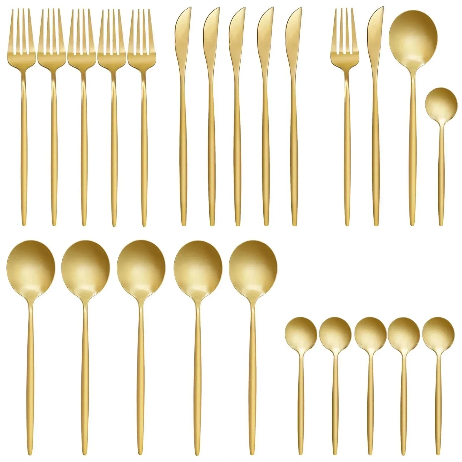 24 pcs Flatware Set Gold Stainless Steel Set for 6 Knife, Fork, Spoon, Tea Spoon