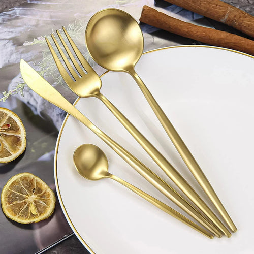 24 pcs Flatware Set Gold Stainless Steel Set for 6 Knife, Fork, Spoon, Tea Spoon