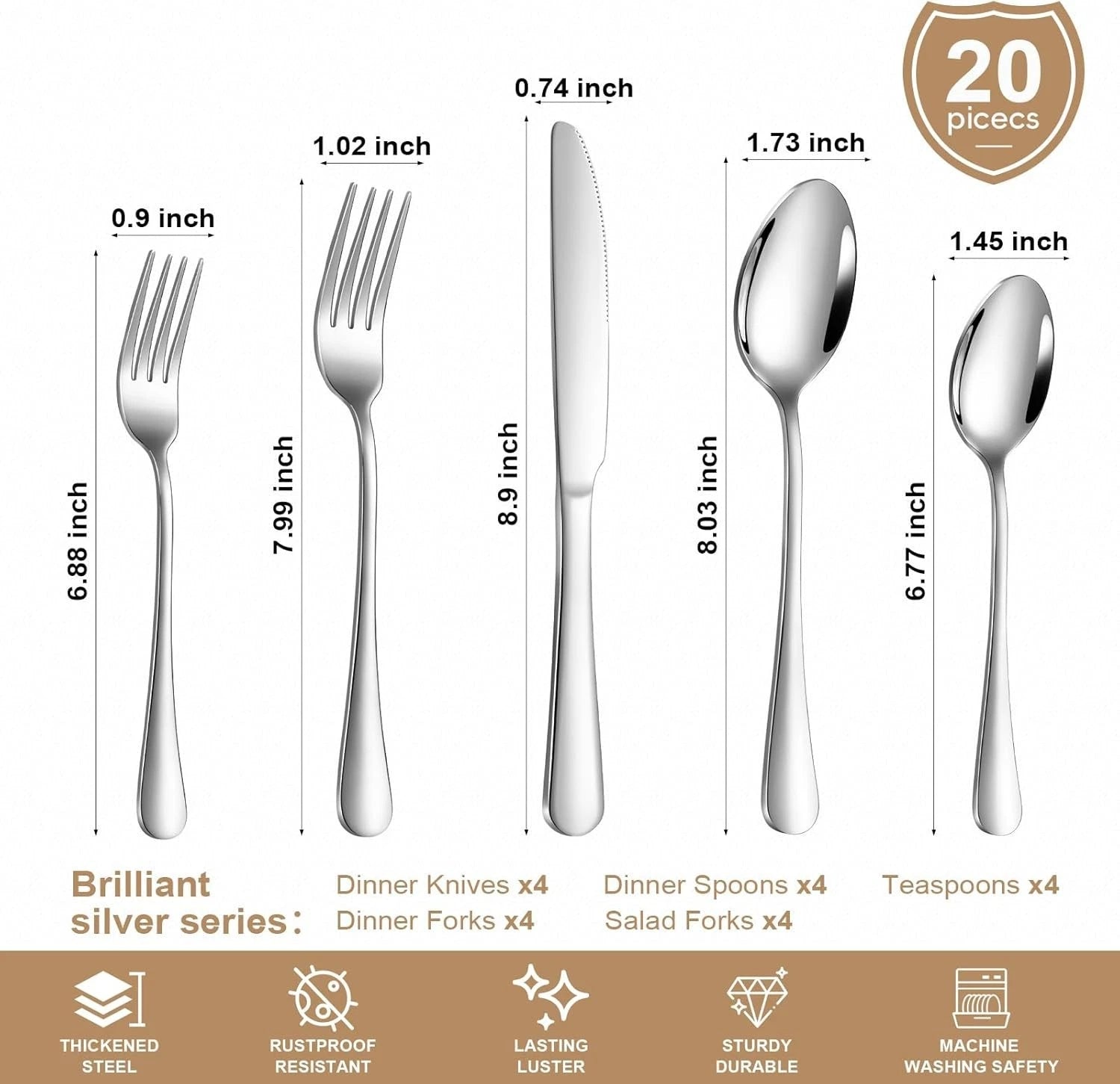 20 Piece Silverware Set Stainless Steel Flatware Service for 4 Dishwasher Safe