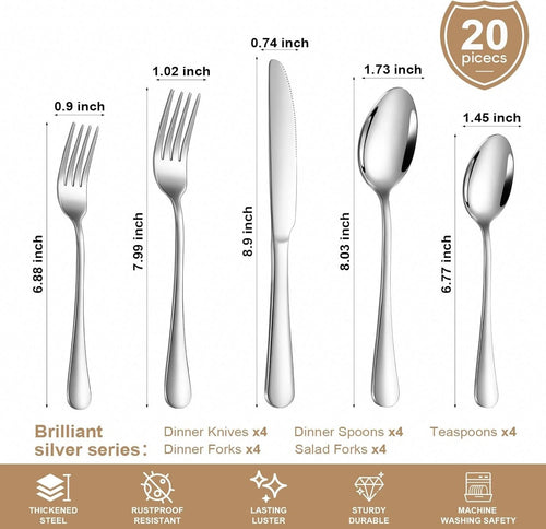 20 Piece Silverware Set Stainless Steel Flatware Service for 4 Dishwasher Safe